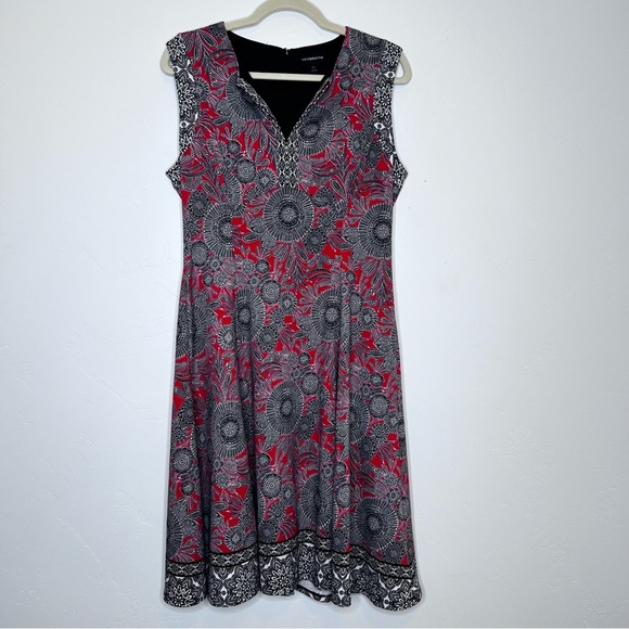 Liz Claiborne Red White Black Mosaic Floral Midi Dress Sleeveless Size 10 Fall - Picture 1 of 10